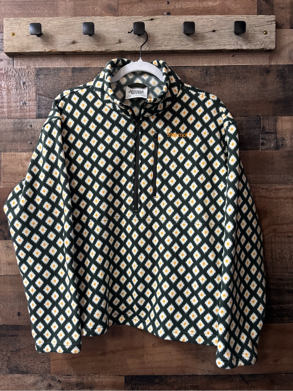 Marmot Green and White Diamond-Pattern Quarter-Zip Fleece Pullover